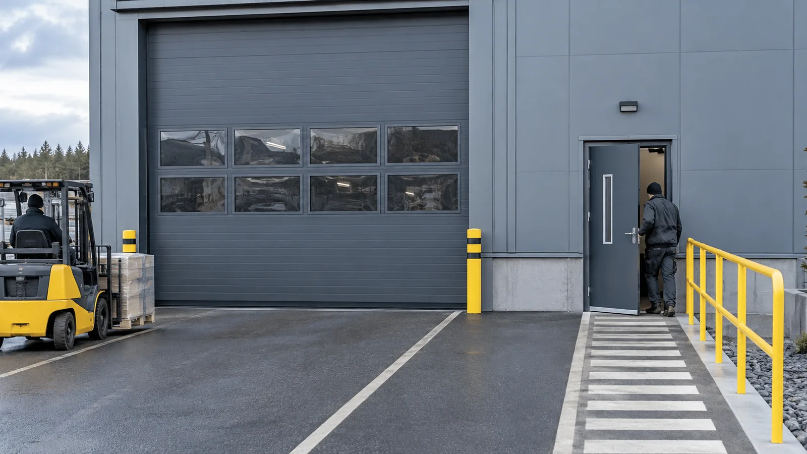 Separat gångdörr bredvid industriport med åtskilda gång- och körvägar