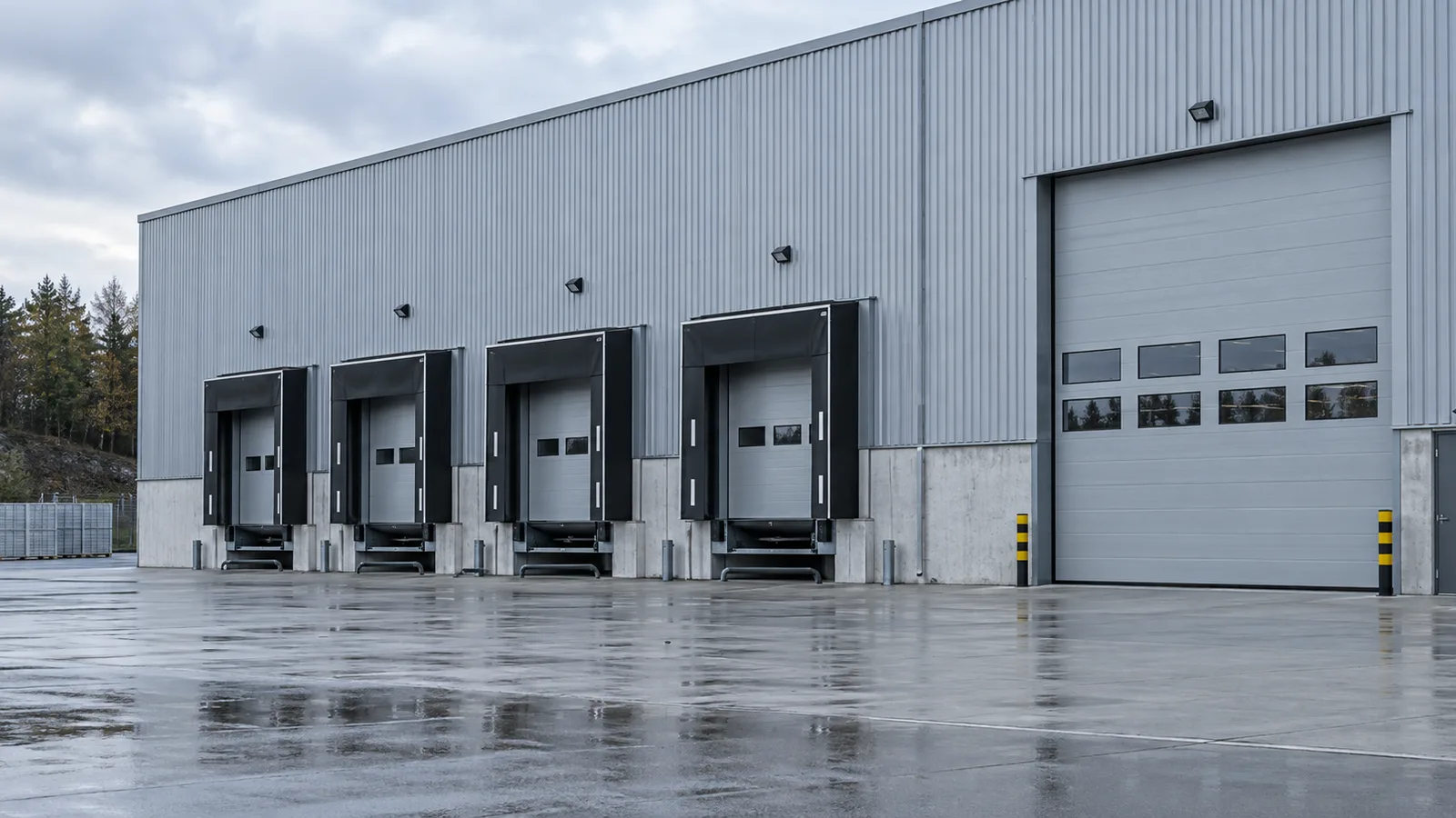 Modern logistikbyggnad med flera industriportar i en ordnad gårdsmiljö