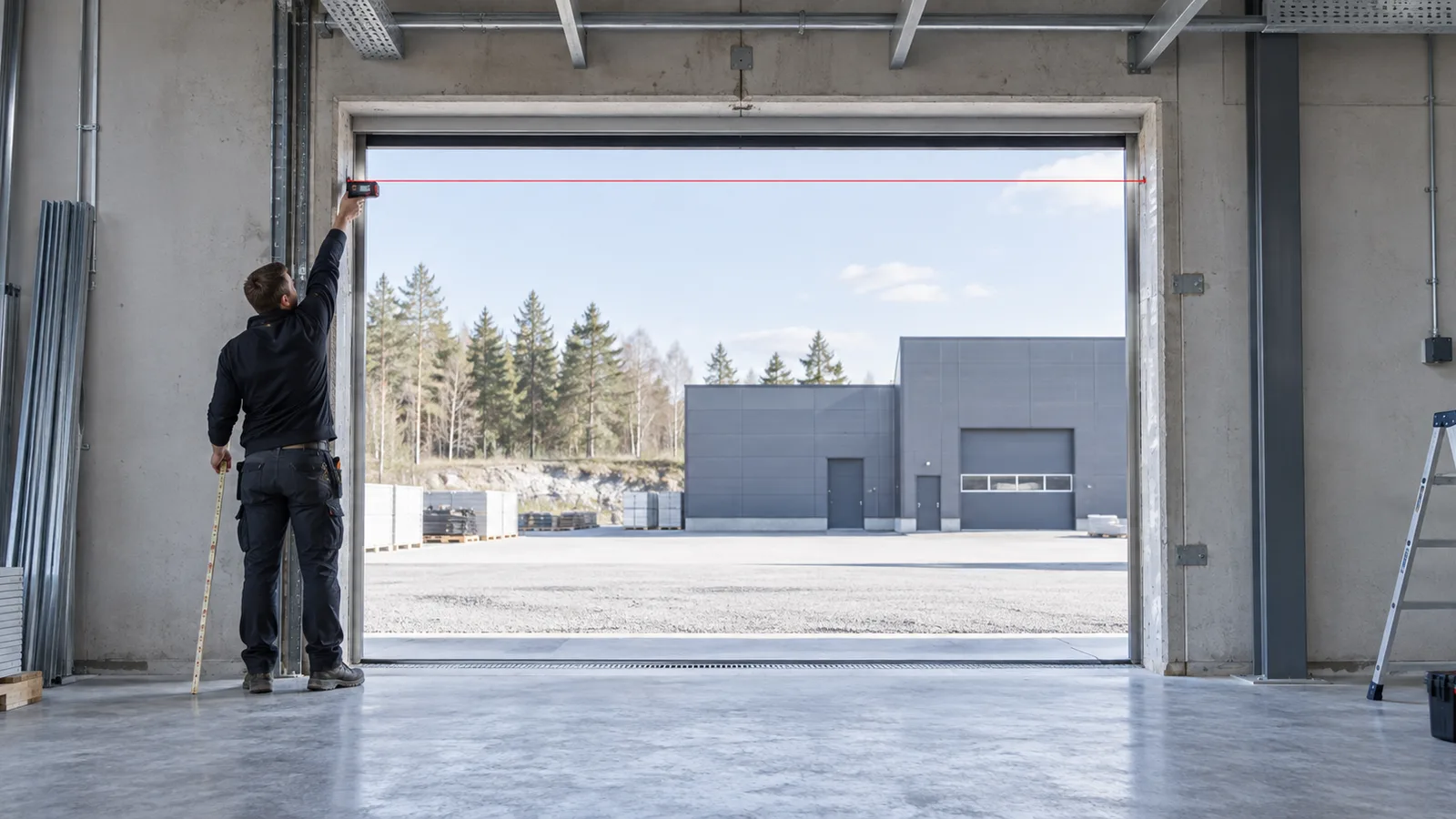 Person mäter en stor portöppning med laserinstrument