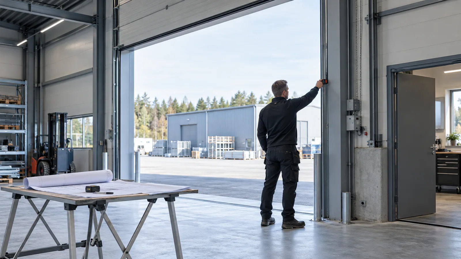 Tekniker mäter en industriell portöppning med ritningar intill