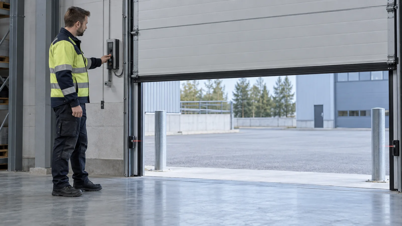 Inspektör funktionstestar styrning och sensorer på en motordriven port