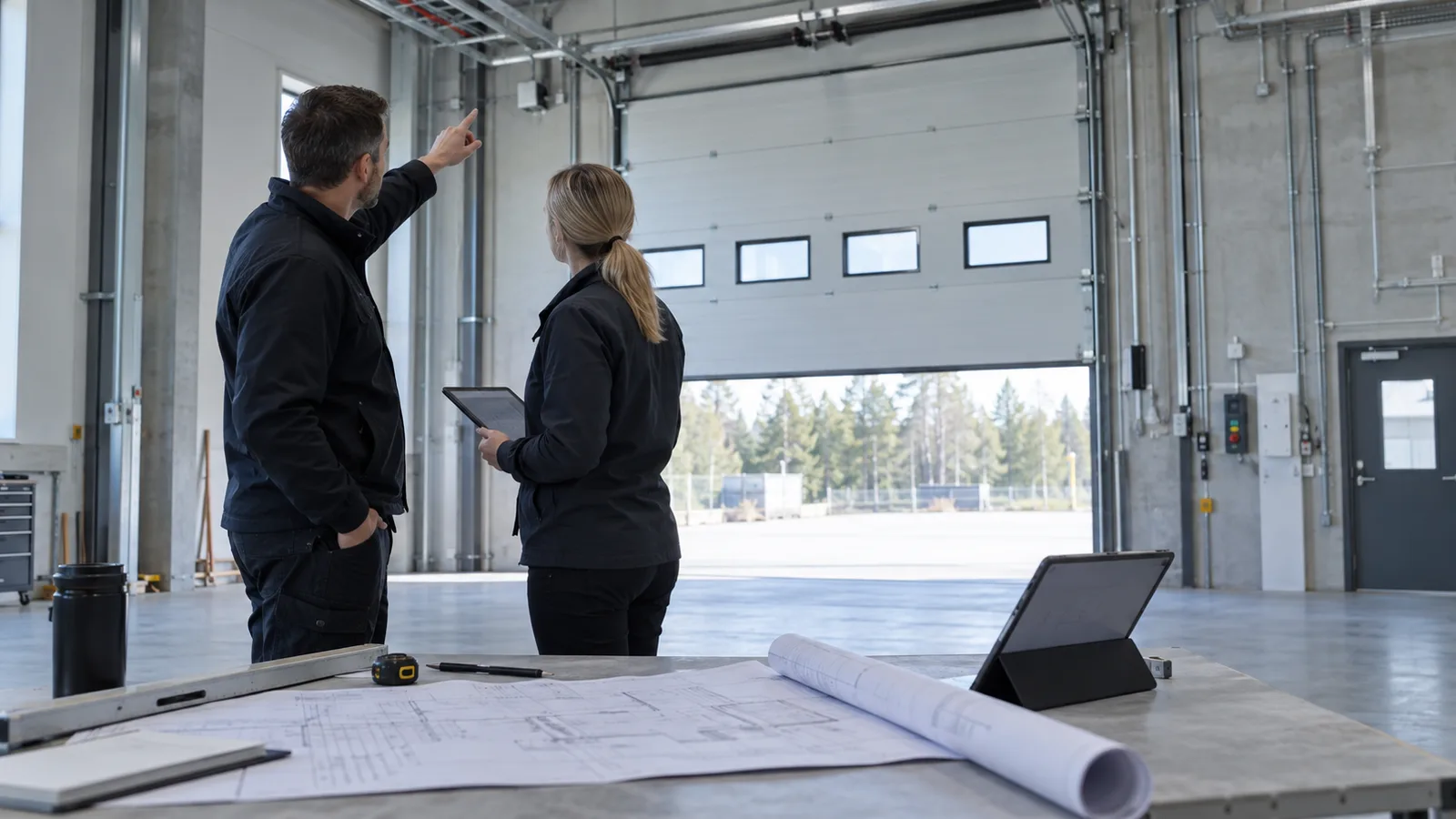 Ritningar och mätverktyg vid en industriell portöppning inför offert