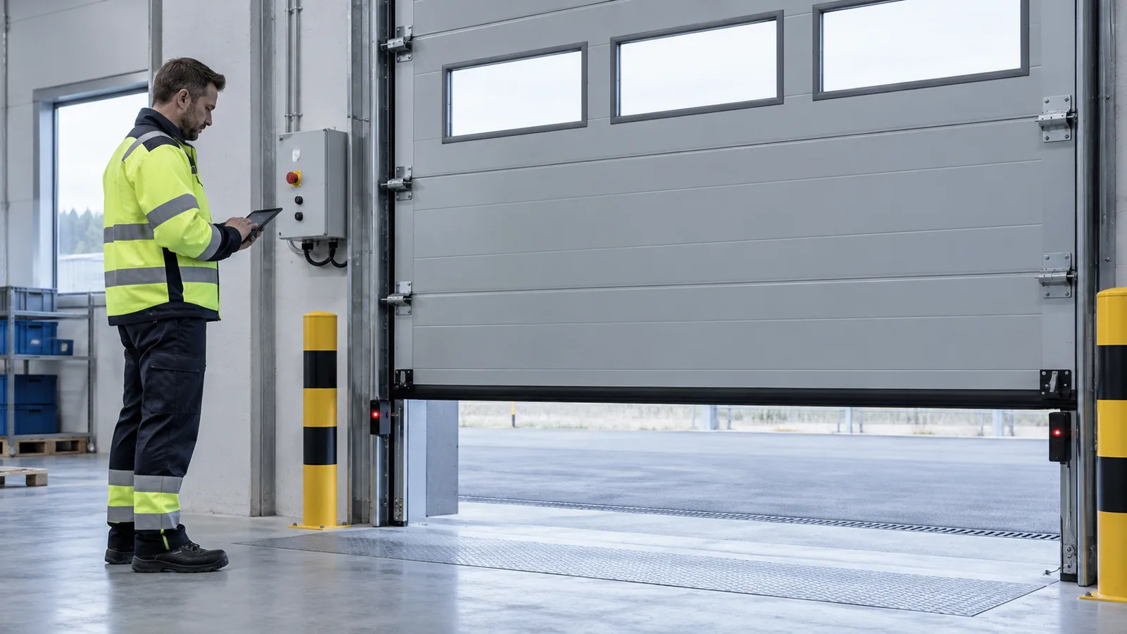 Inspektör kontrollerar säkerhetsfunktioner på en motordriven industriport