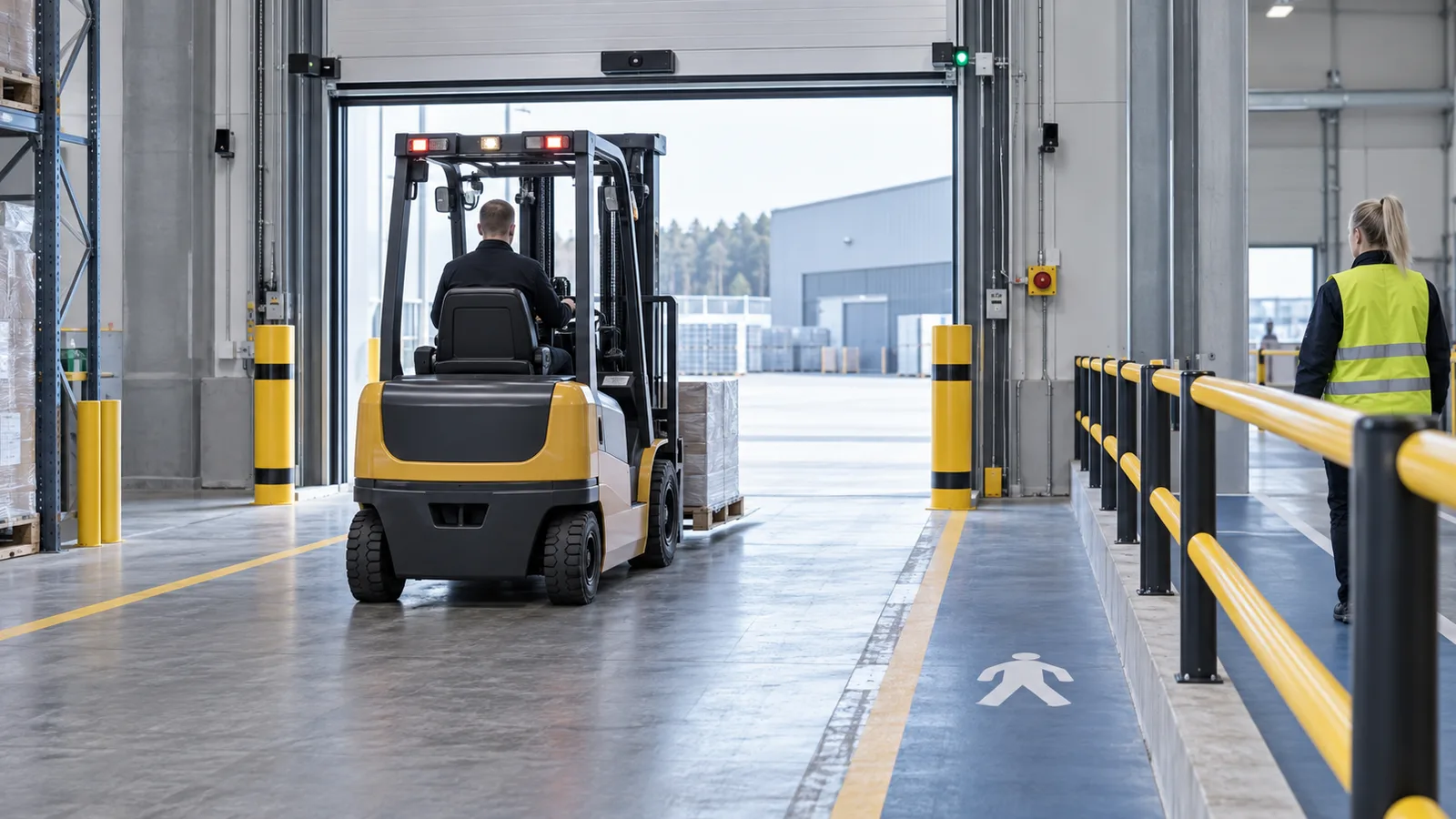 Truck kör mot industriport bredvid en skyddad och markerad gångväg